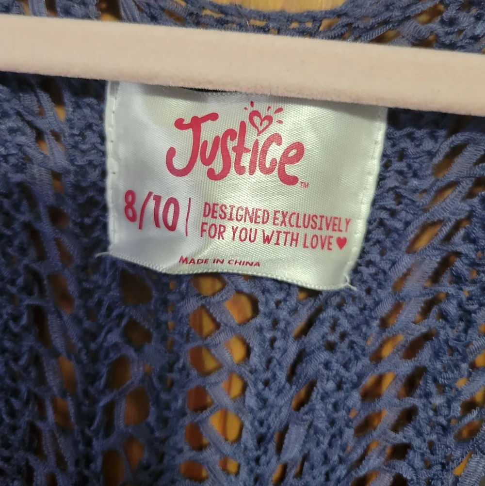 Girls Justice Long Crochet Knit Fringe Open-Front Vest Cardigan Dusty Blue 8/10